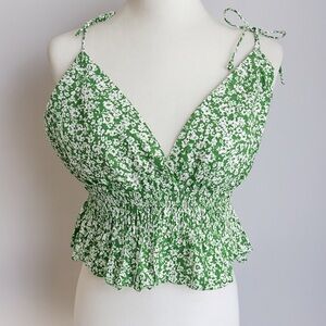 Green Floral Tie-Shoulder Smocked Peplum Cami